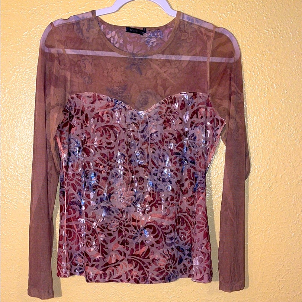 Sheer Long-Sleeve Floral Burnout Top - Beige